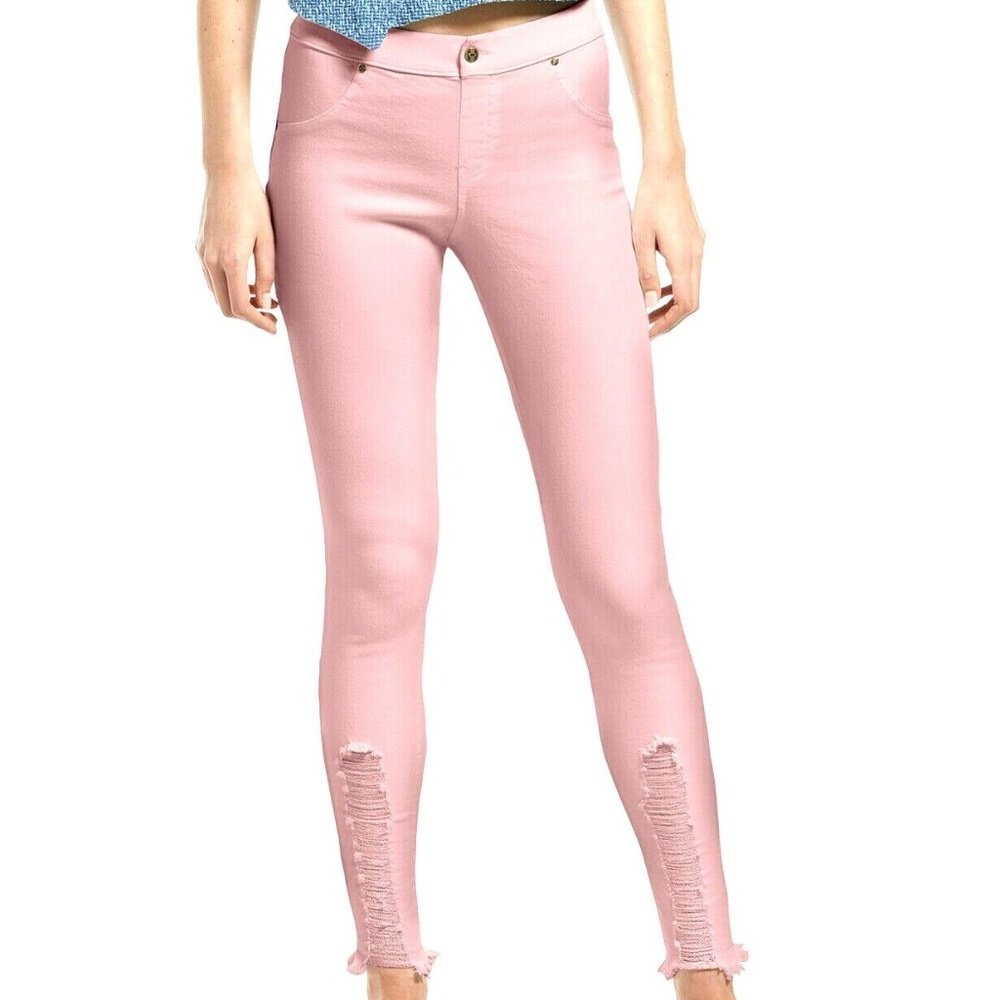 (NWT) Hue Women's Pink Shredded Hem Denim Leggings Size M